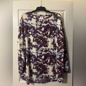 LuLaRoe “Nora” Boat Neck Top in Cream and Purple Tie-Dye Marshmallow Fabric EUC